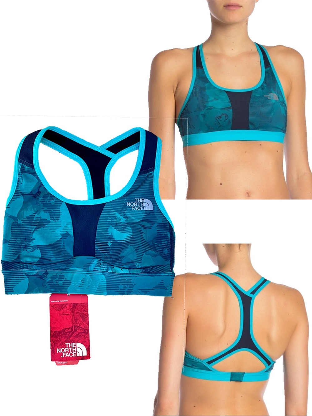 NEW North Face Stow-n-Go Phone Pocket Botanical Tropical Teal Blue Sports Bra XS